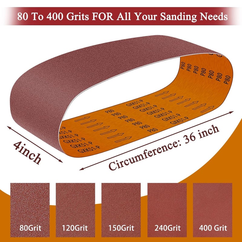 ONLYFU 4 x 36 Inch Alumina Sanding Belts (80/120/150/240/400 Grits) and 6 Grits 6-Inch Self Stick No Hole Sanding Disc 11PCS Set for Aluminum Oxide Sanders, Sandpaper for Wood Metal Stainless Steel - Image 2